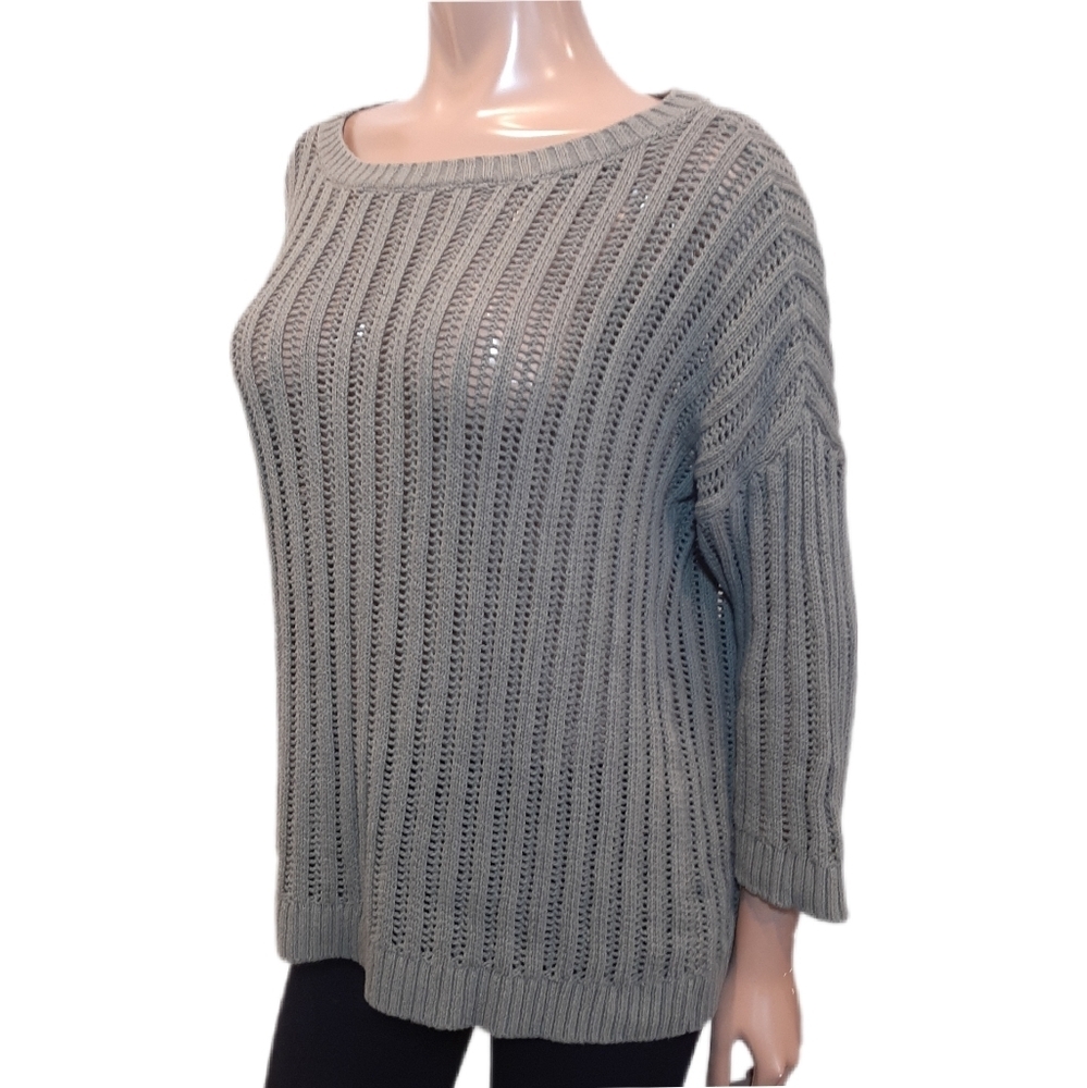 Tribal Open Knit Sweater Olive Green Drop Shoulder Slouchy Pullover Size Large